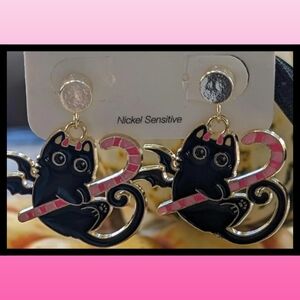 Black Bat Cat Candycane Earrings Halloween